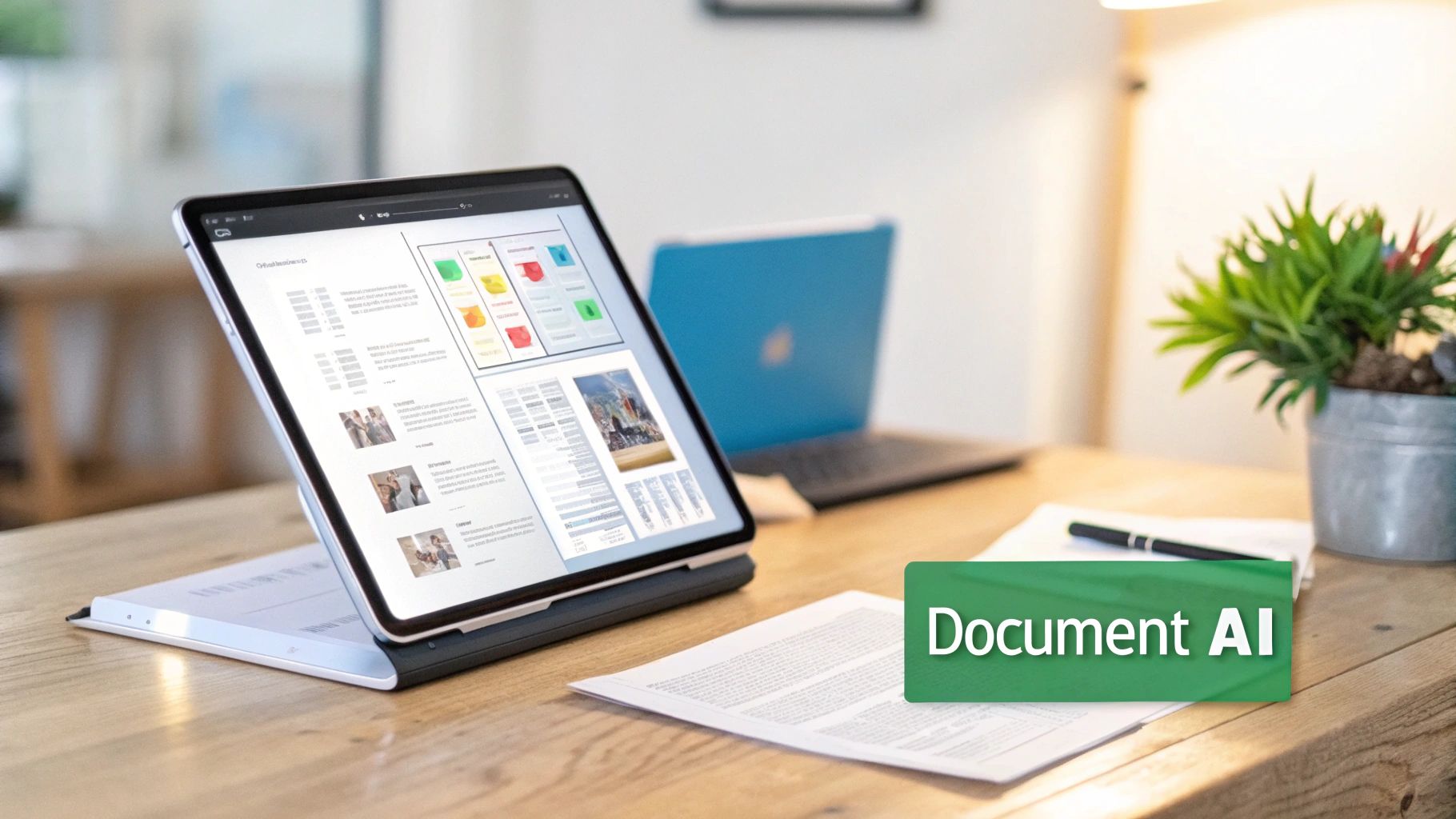 A tablet on a wooden desk displays a document interface, with a laptop and 'Document AI' text visible.