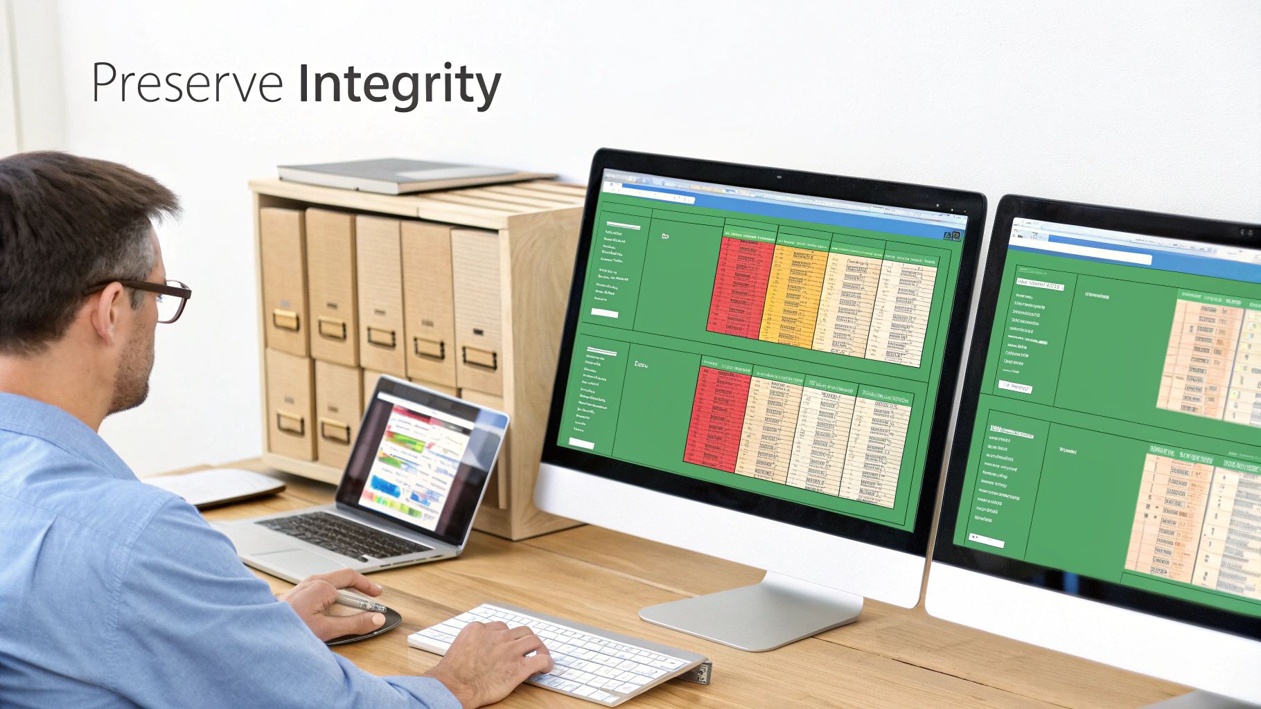 A person in glasses diligently working on multiple screens with complex data and spreadsheets in an office.