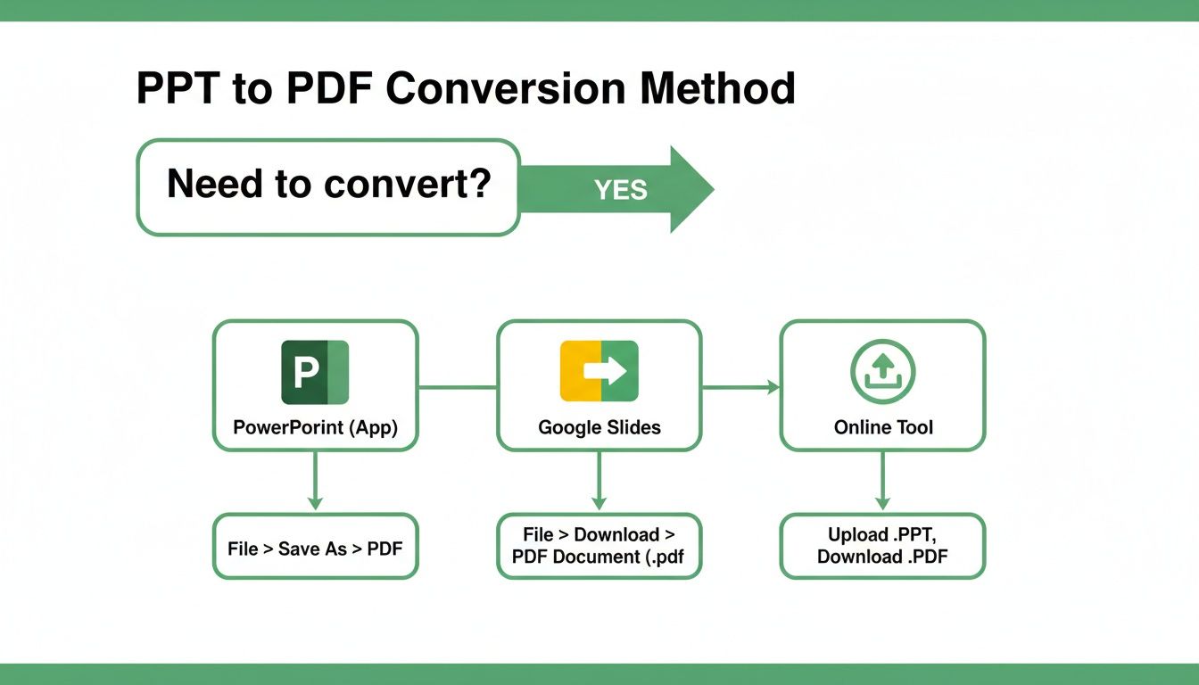 Flowchart illustrates three methods to convert PowerPoint (PPT) presentations to PDF documents.