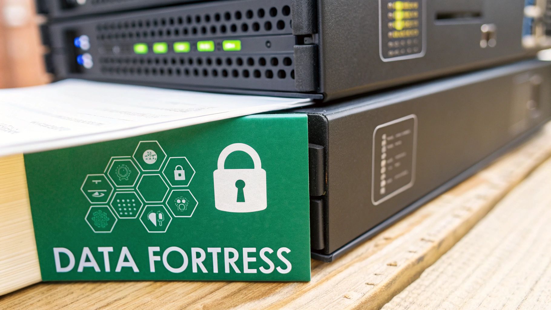 Data fortress binder with padlock icon next to server equipment with green indicator lights
