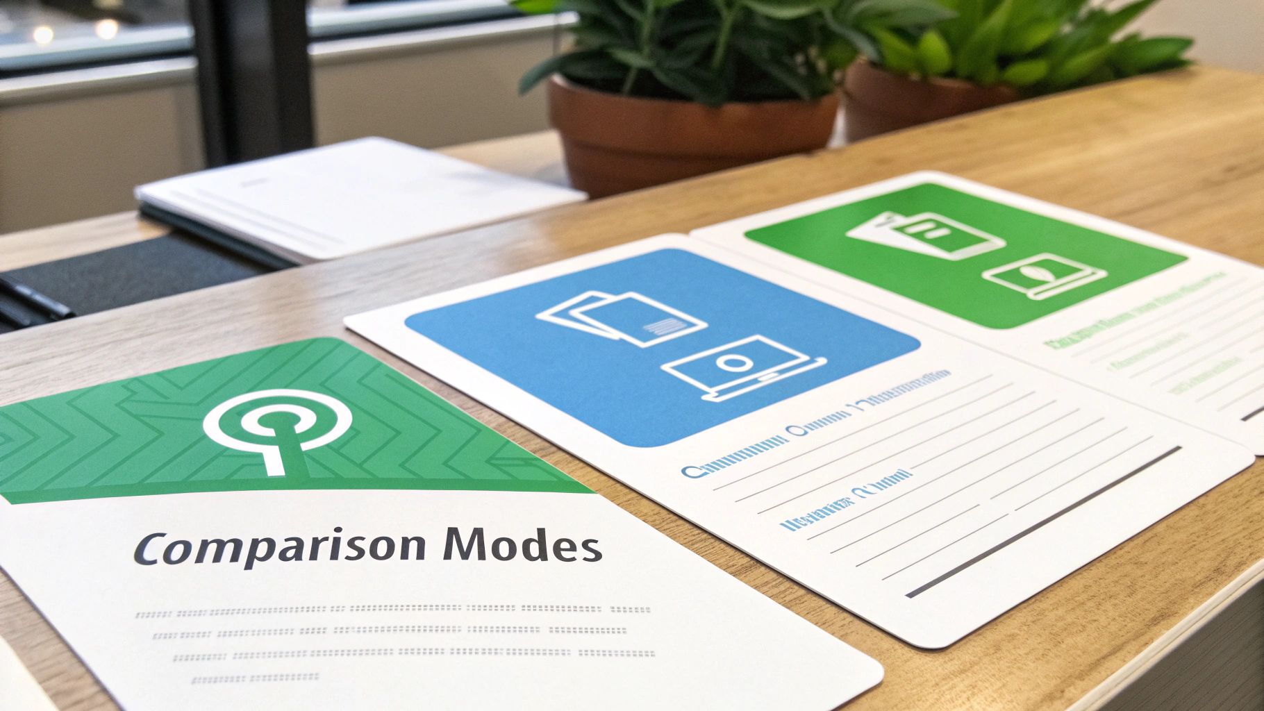 Workshop cards displaying 'Comparison Modes' text and icons on a light wooden table.