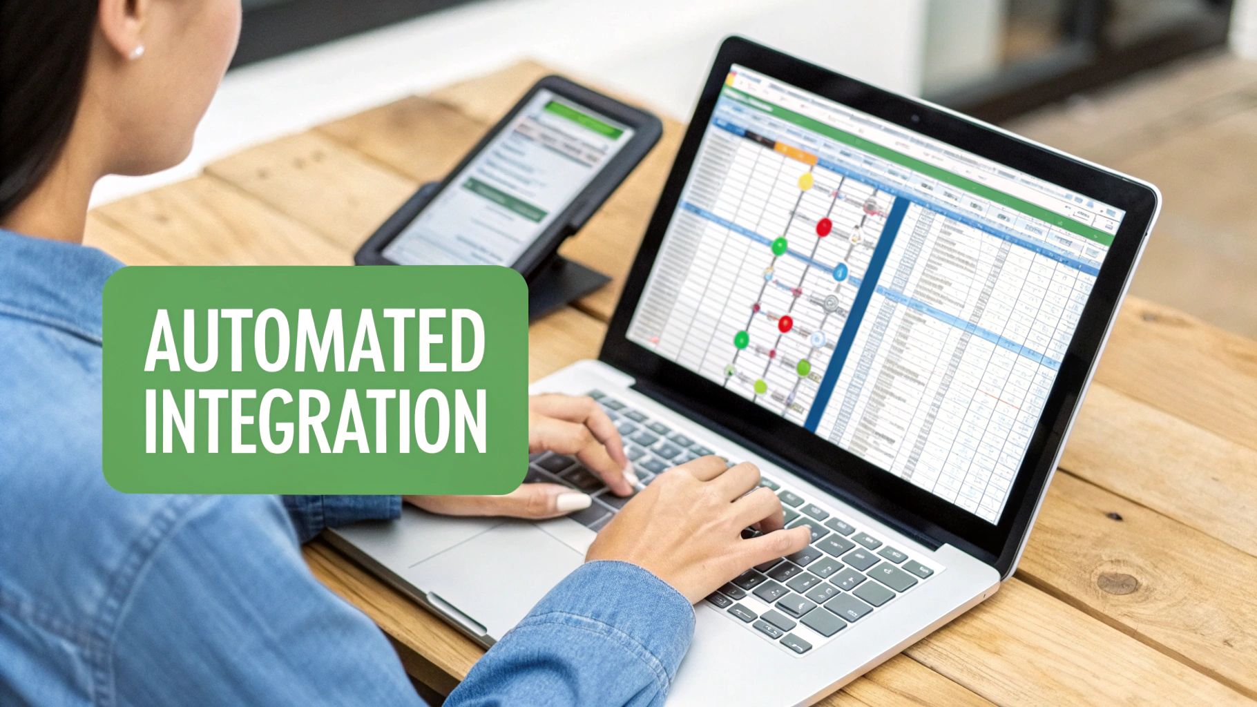 A person types on a laptop displaying a spreadsheet and process flow, with a tablet. Text: AUTOMATED INTEGRATION.