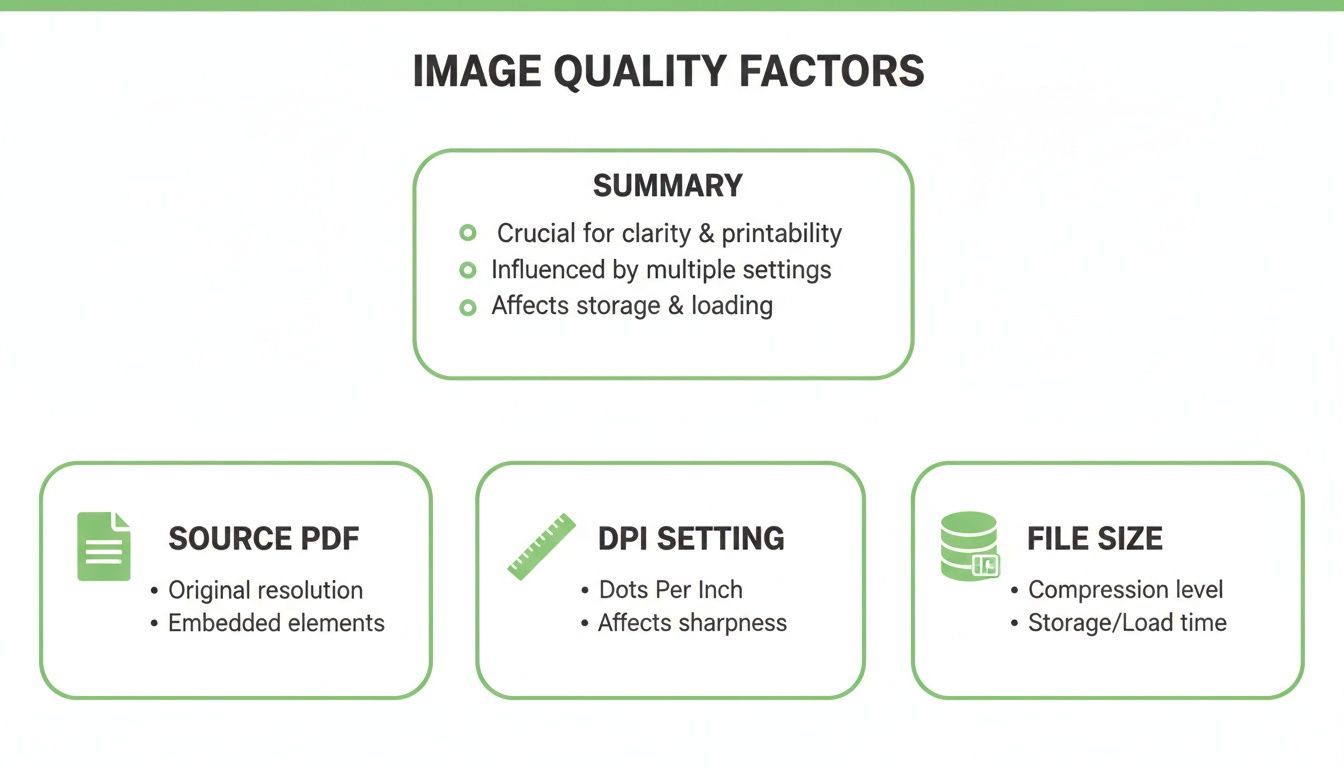 Infographic illustrating key image quality factors: Source PDF, DPI setting, and file size, with detailed bullet points.