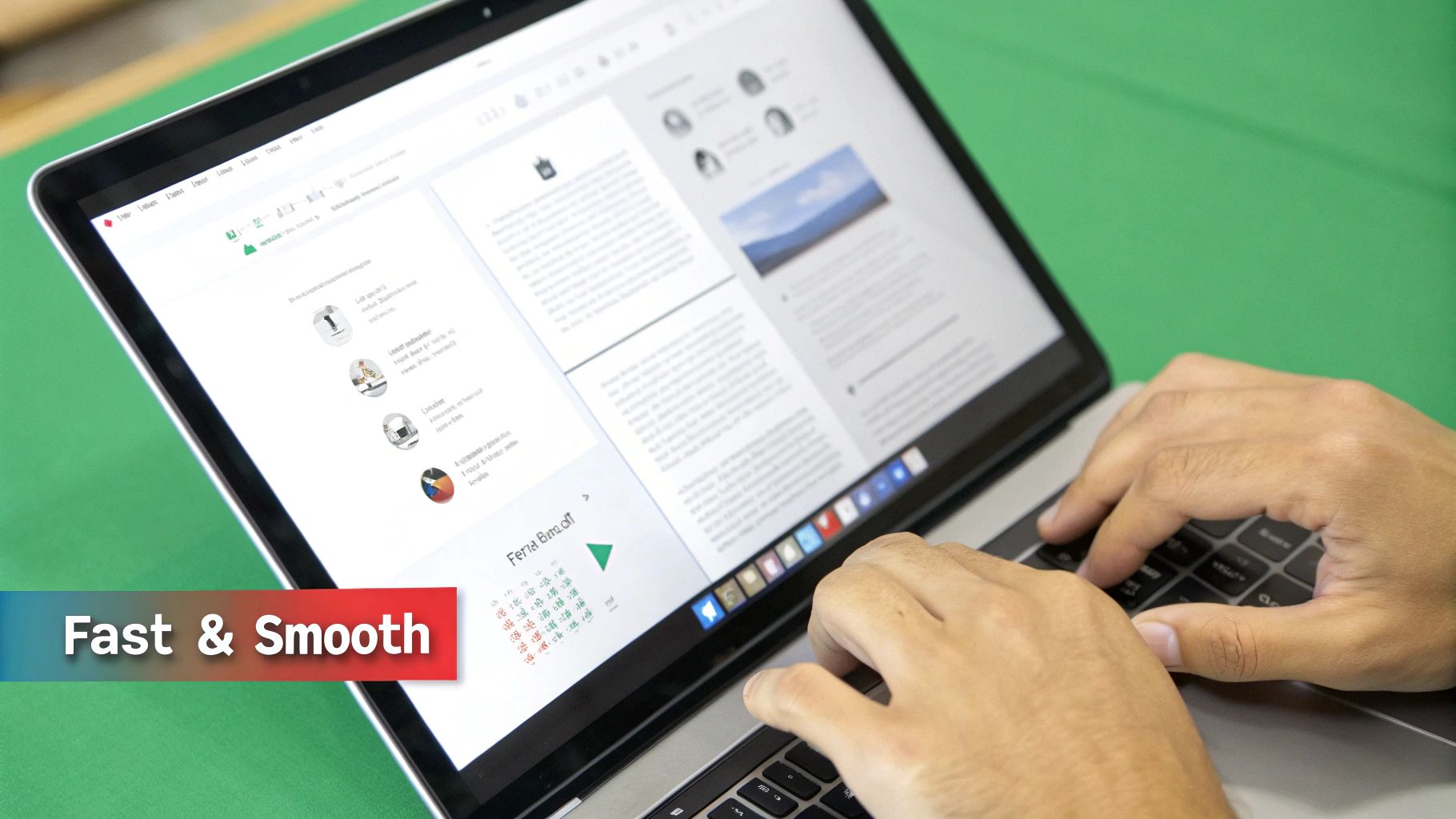 A person's hands are typing on a laptop keyboard, displaying a document editor application.