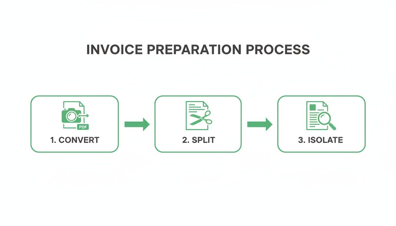 A three-step flowchart shows an invoice preparation process: 1. Convert, 2. Split, 3. Isolate documents.