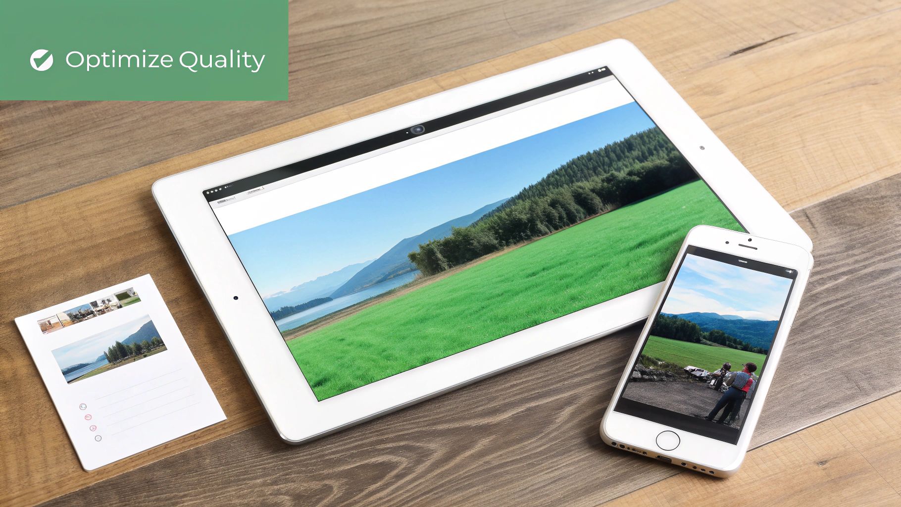 Tablet and smartphone display optimized landscape images, promoting digital image quality on a wooden table.