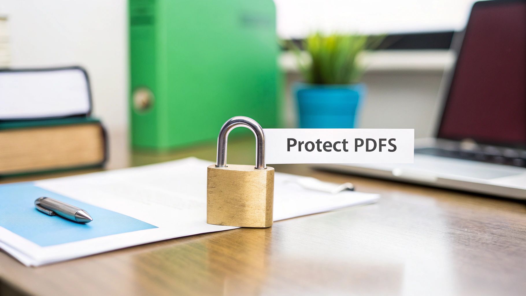 A padlock on a desk next to a pen and documents, with a sign reading 'Protect PDFs'.
