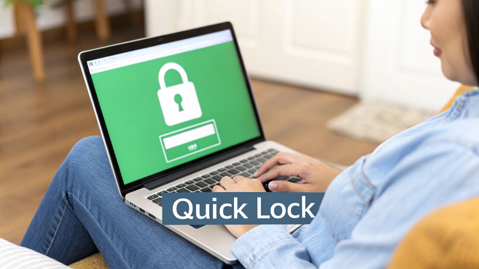 A person types on a laptop displaying a green screen with a padlock icon and a password field.