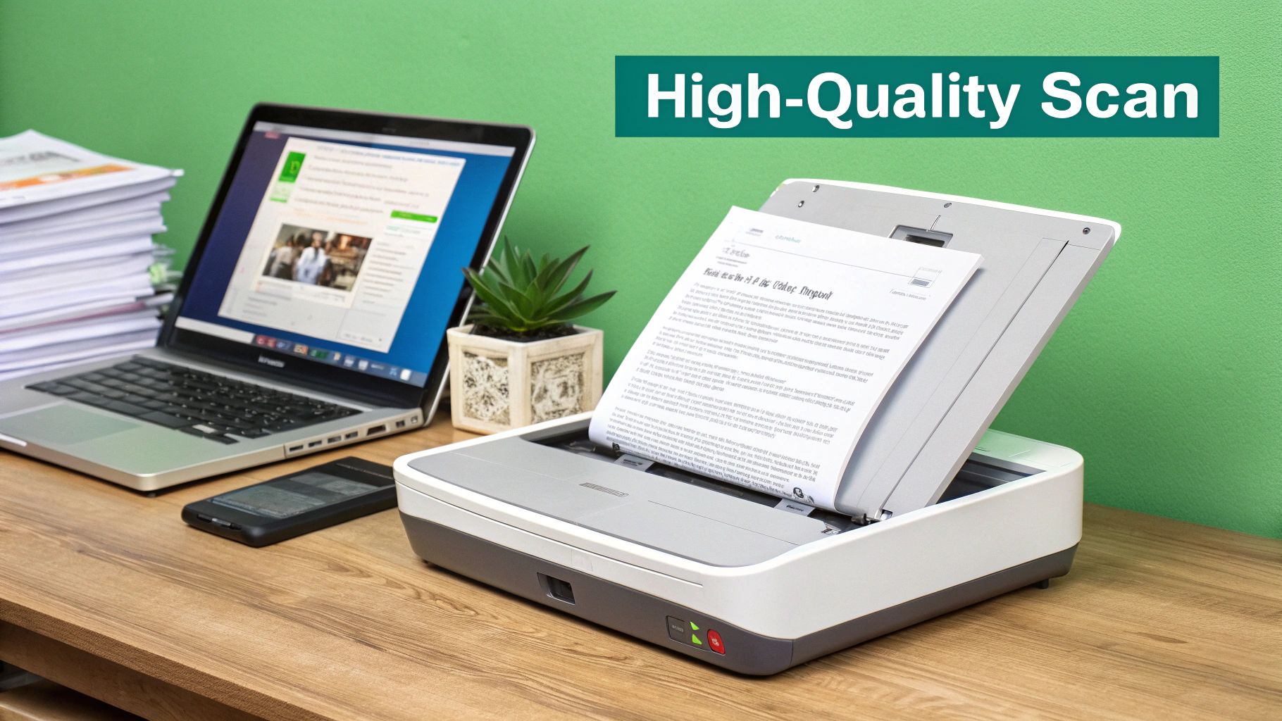 A document scanner actively processes a paper, next to a laptop displaying a digital document on a wooden desk.