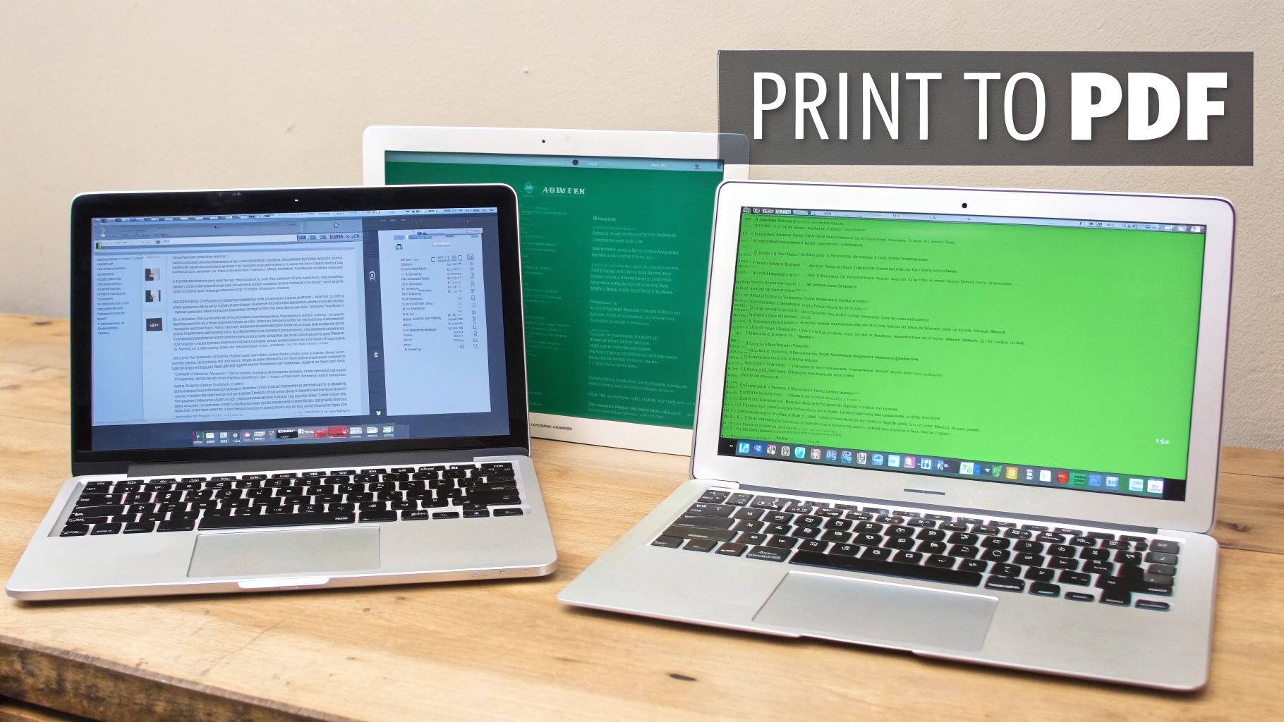 Two laptops and a tablet display text documents on a wooden table, with a 'PRINT TO PDF' banner.