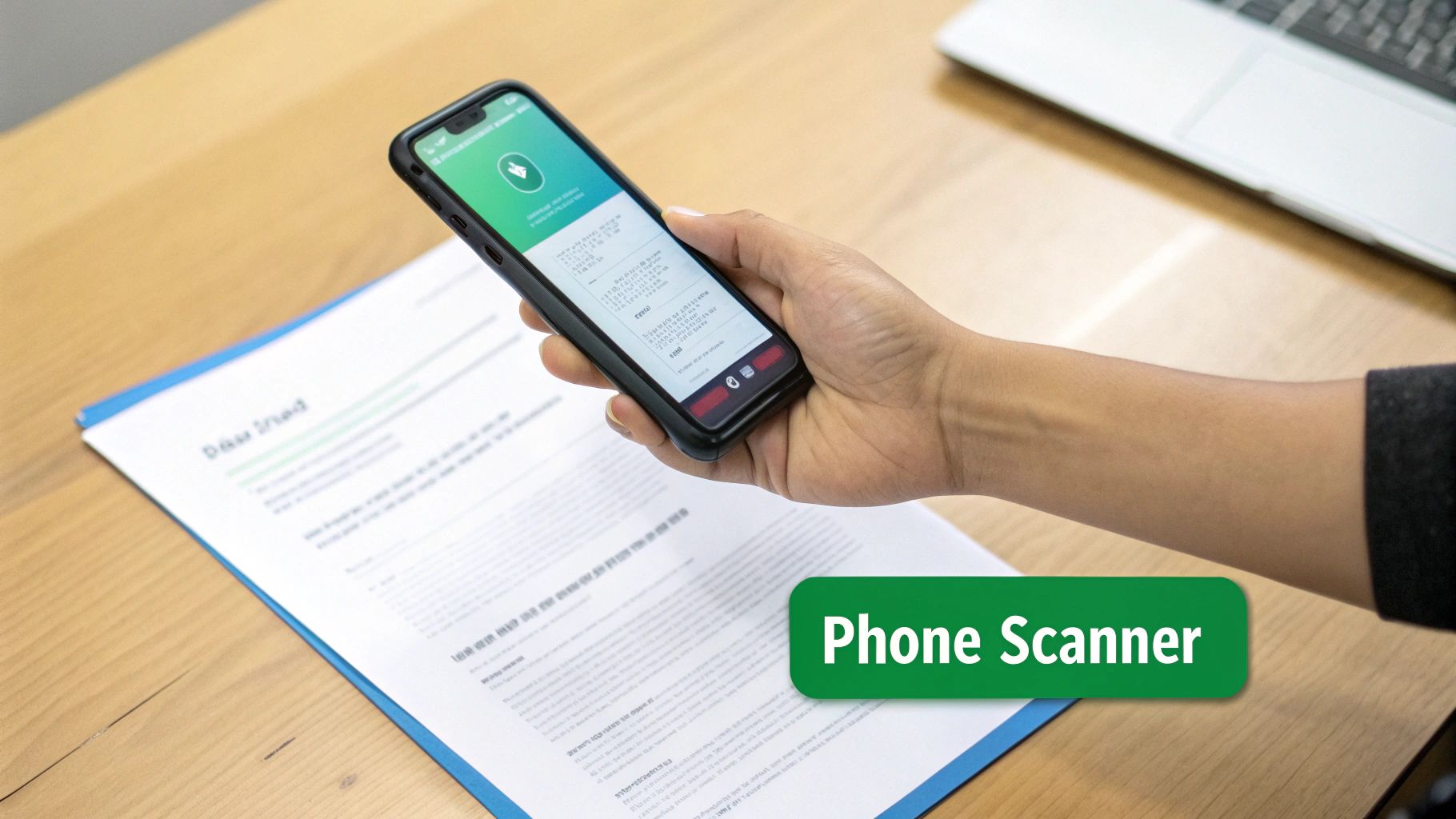 A hand holds a smartphone over a document on a wooden table, using a phone scanner app.