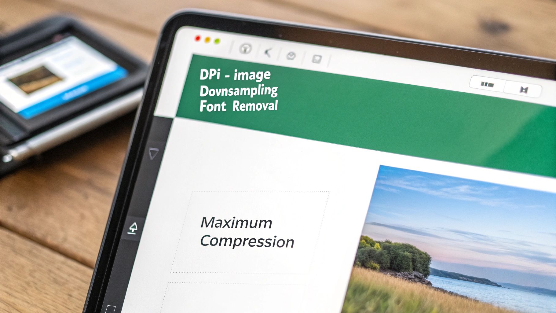 A tablet screen displays a webpage with options for image downsampling, font removal, and maximum compression.