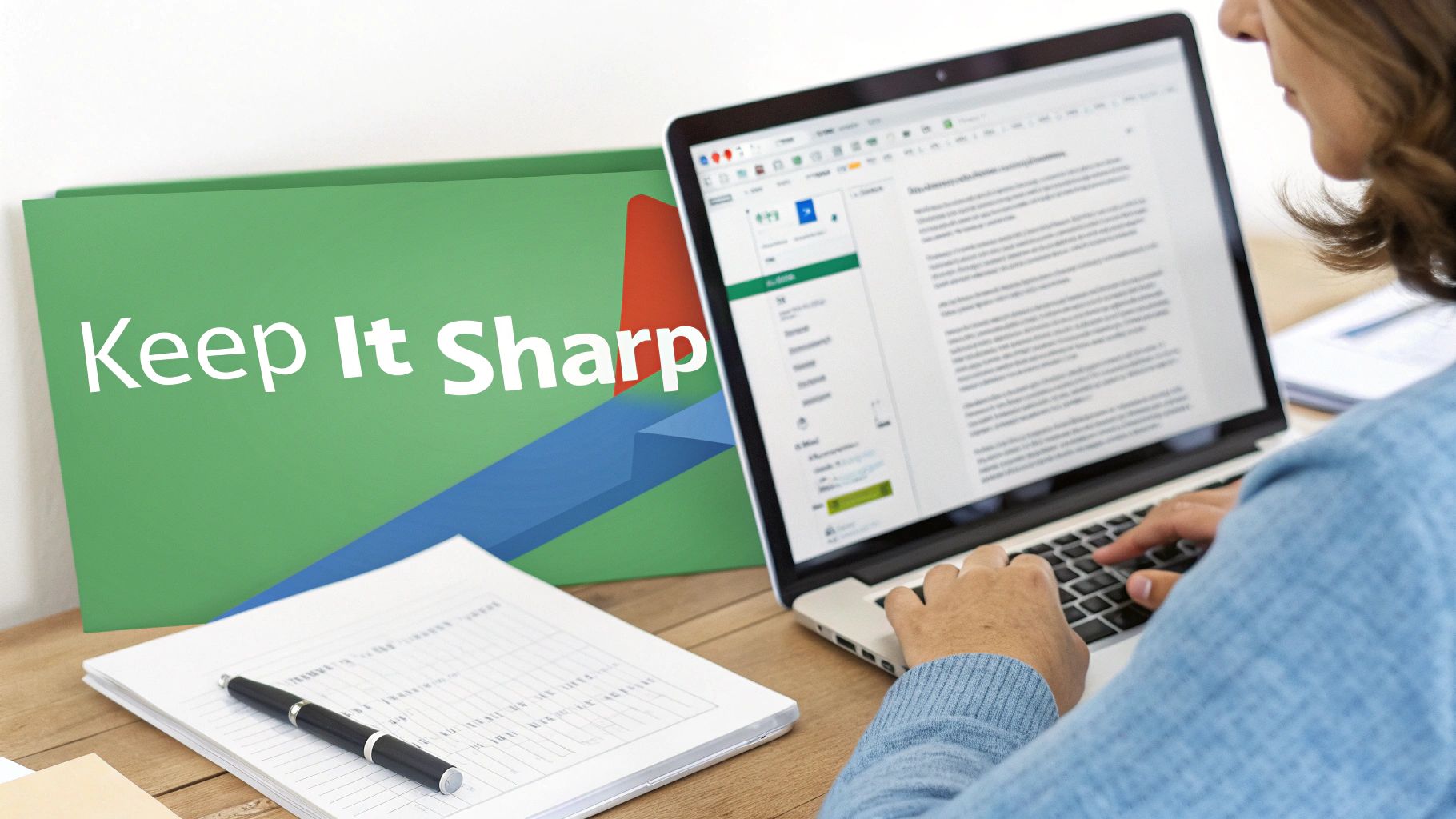 A person types on a laptop, with a green 'Keep It Sharp' folder and papers on a desk.