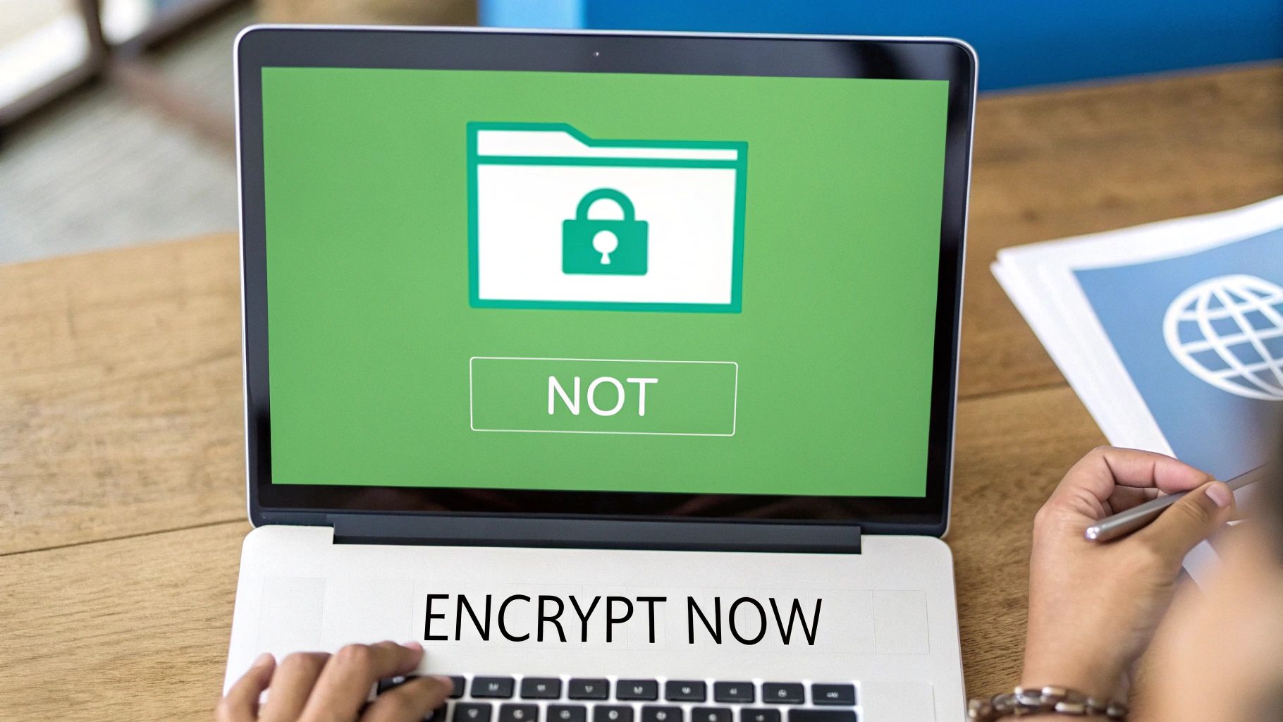 Hands typing on a laptop with a padlock icon and 'ENCRYPT NOW' text, symbolizing data encryption.