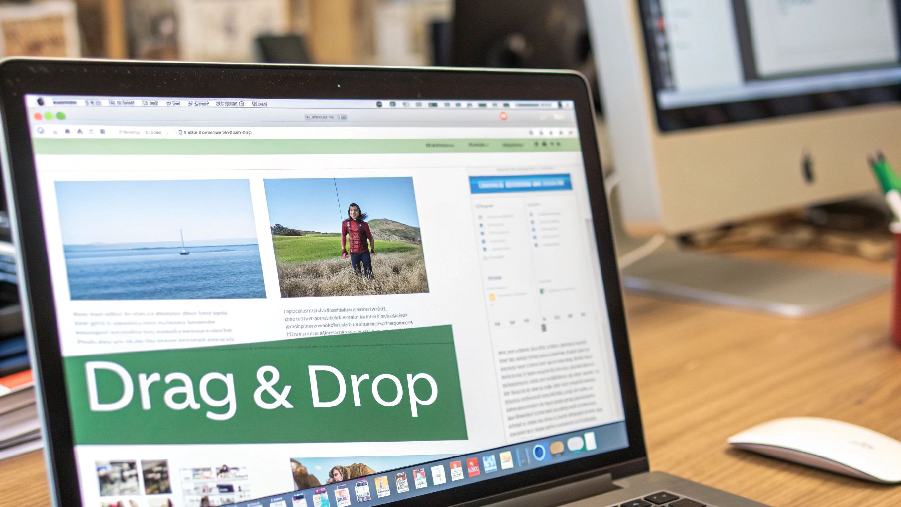 Primer plano de una computadora portátil que muestra una página web con imágenes y 'Arrastrar y soltar' en un escritorio de madera con un mouse.