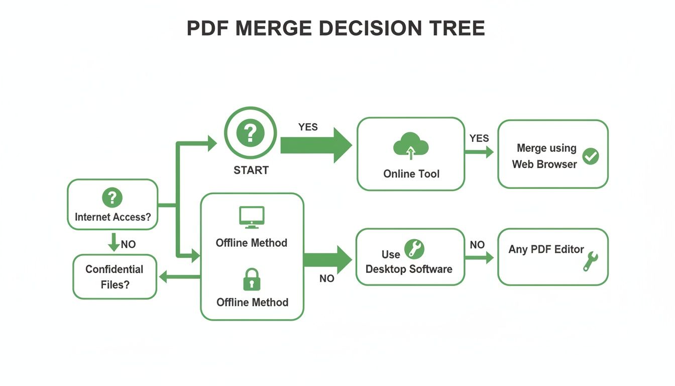 A decision tree flowchart outlining methods to merge PDF files based on internet access and file confidentiality.