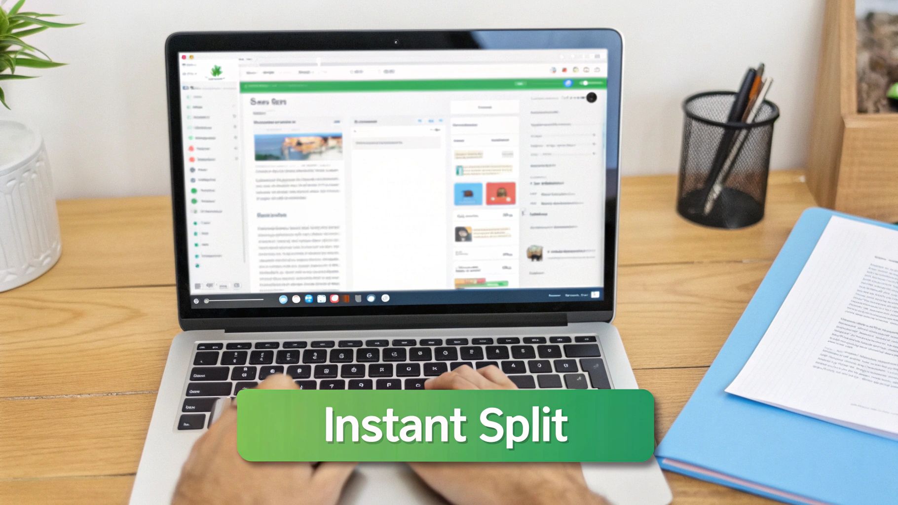 Hands typing on a laptop showing a screen with a document and a green 'Instant Split' banner on a desk.