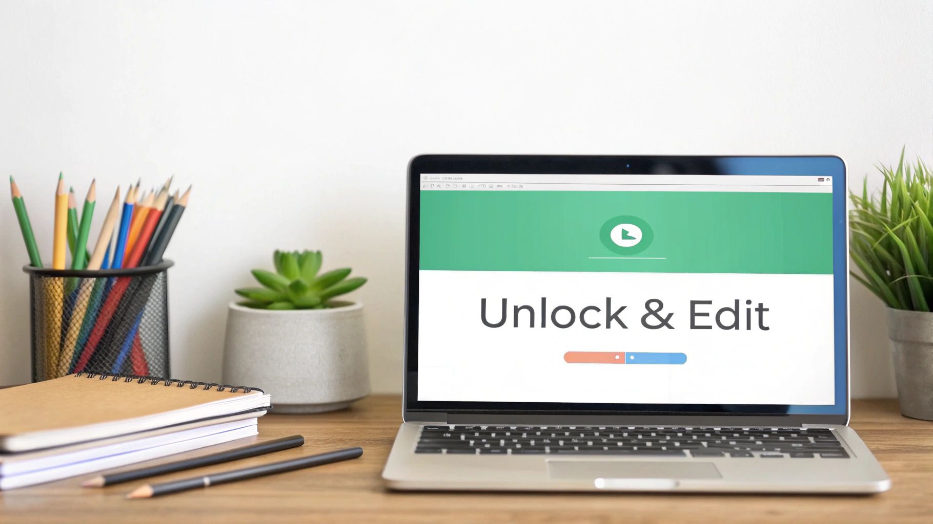 Una computadora portátil muestra 'Desbloquear y Editar' en su pantalla, colocada en un escritorio de madera con suministros de oficina.
