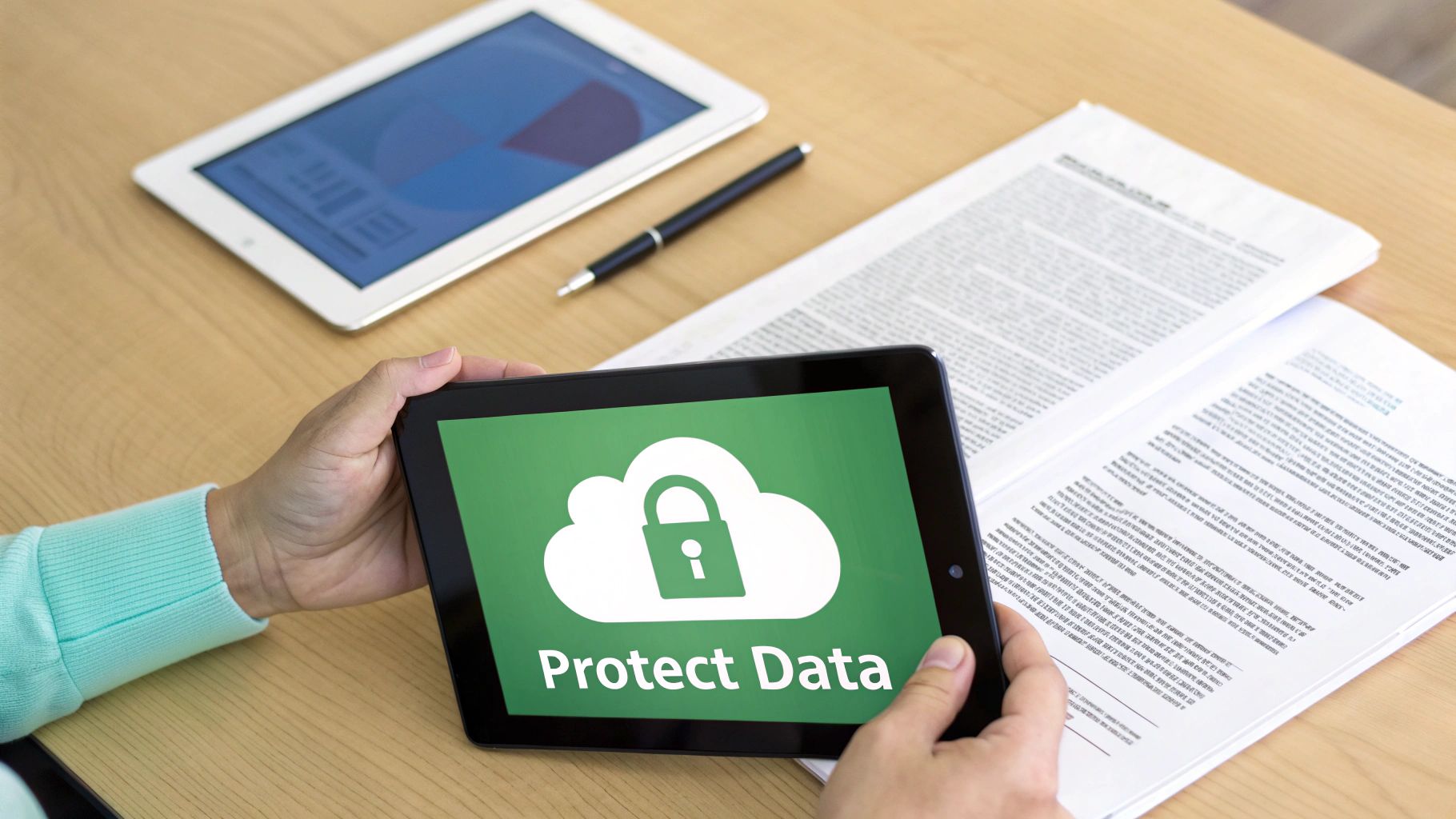 Hands hold a tablet displaying 'Protect Data' with a cloud security icon, emphasizing digital privacy.