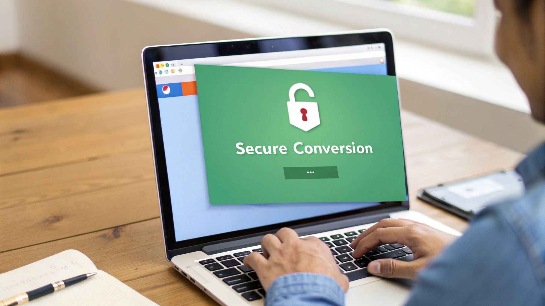 A person types on a laptop showing a 'Secure Conversion' pop-up with an unlocked padlock.