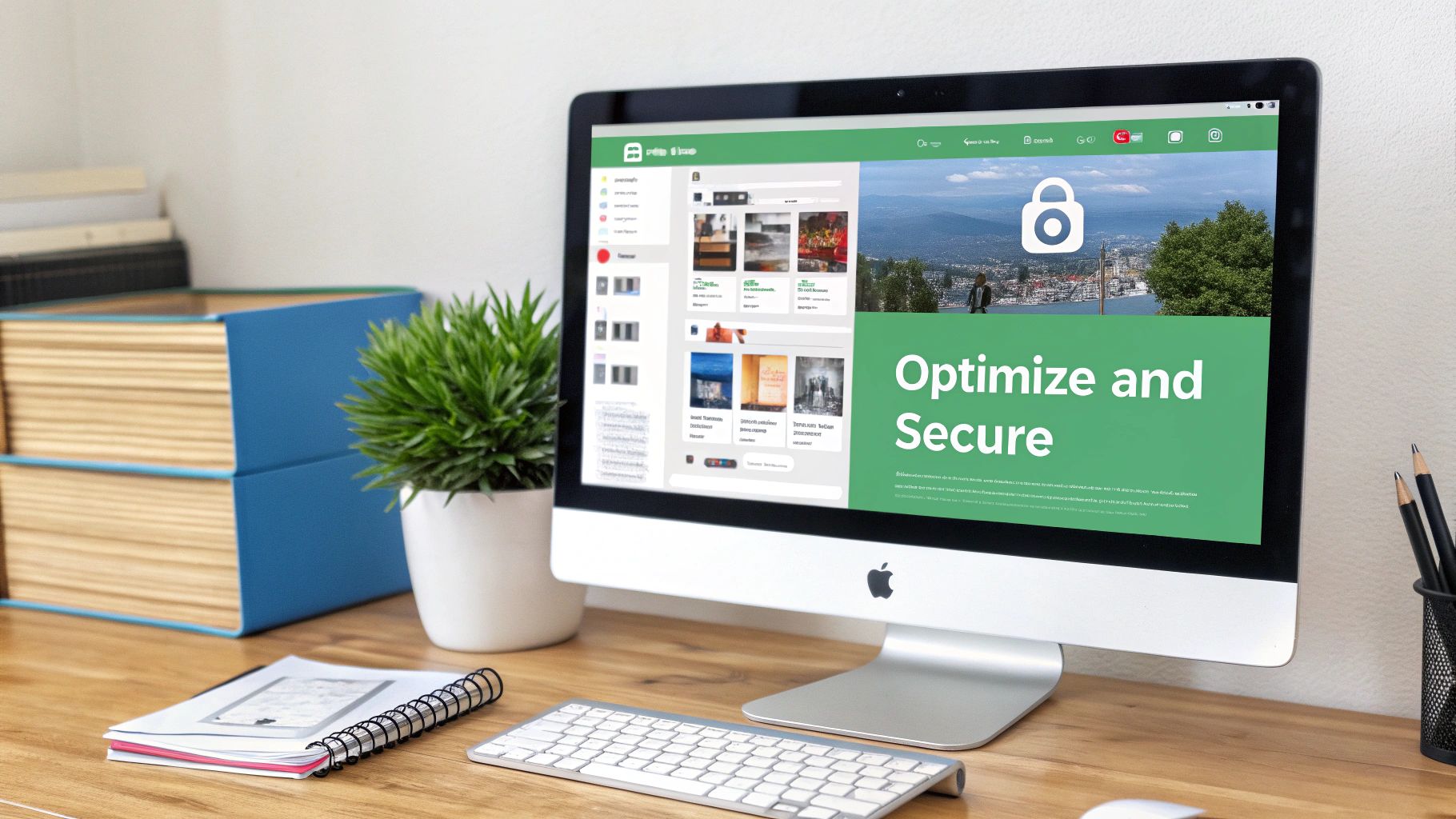 A modern iMac displaying a website about optimization and security on a wooden desk with a keyboard, plant, and books.