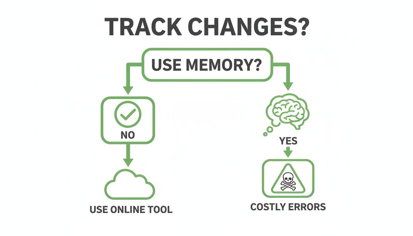 A flowchart showing how to track changes. Using memory leads to costly errors, while an online tool is recommended.