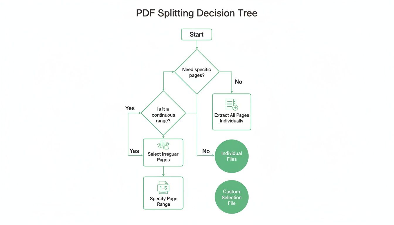 A PDF splitting decision tree flowchart illustrating steps to extract specific pages or all pages individually.