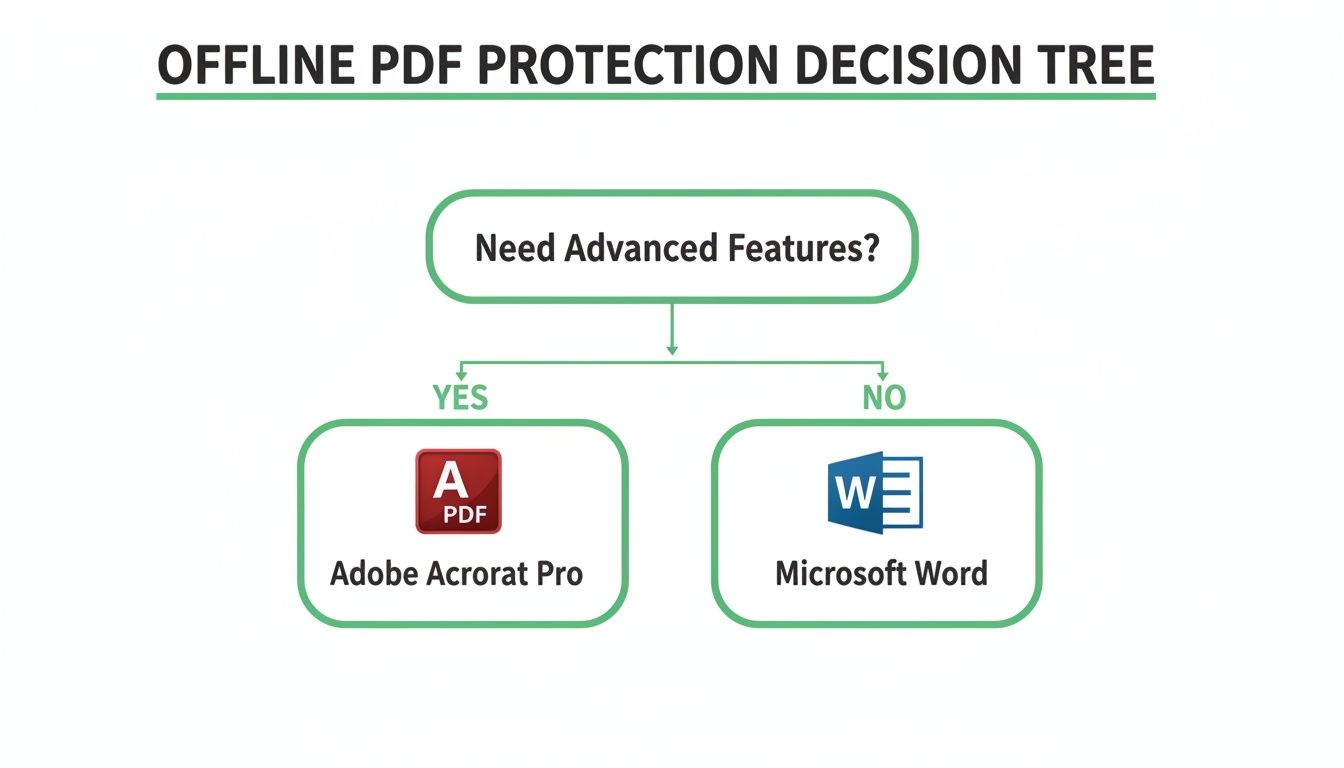 A decision tree for offline PDF protection, recommending Adobe Acrobat Pro for advanced features and Microsoft Word otherwise.