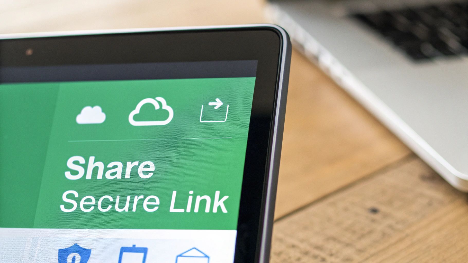 A close-up of a tablet screen displaying 'Share Secure Link' with cloud icons, next to a laptop.