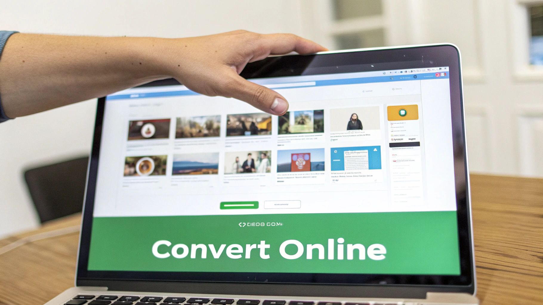 Una mano señalando una pantalla de computadora portátil que muestra un sitio web de conversión de archivos con texto 'Convertir en línea'.