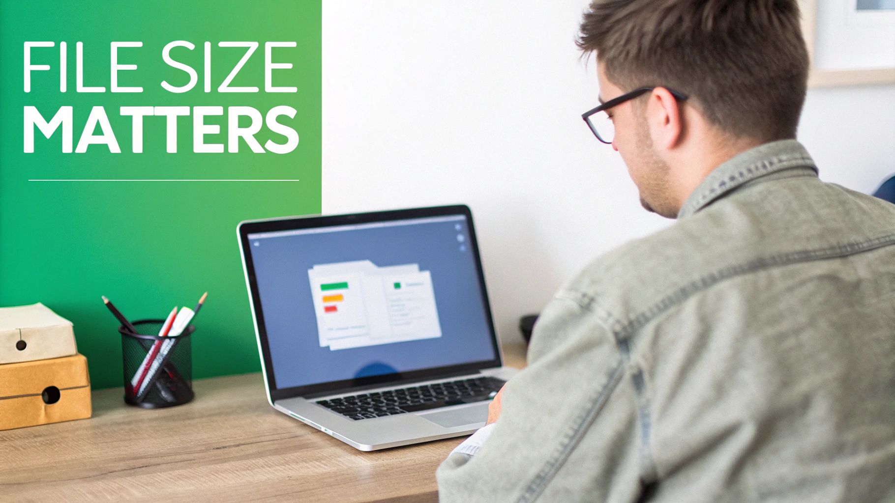 Una persona trabaja en una computadora portátil que muestra información de archivos en un escritorio de madera, con el texto 'EL TAMAÑO DEL ARCHIVO IMPORTA'.