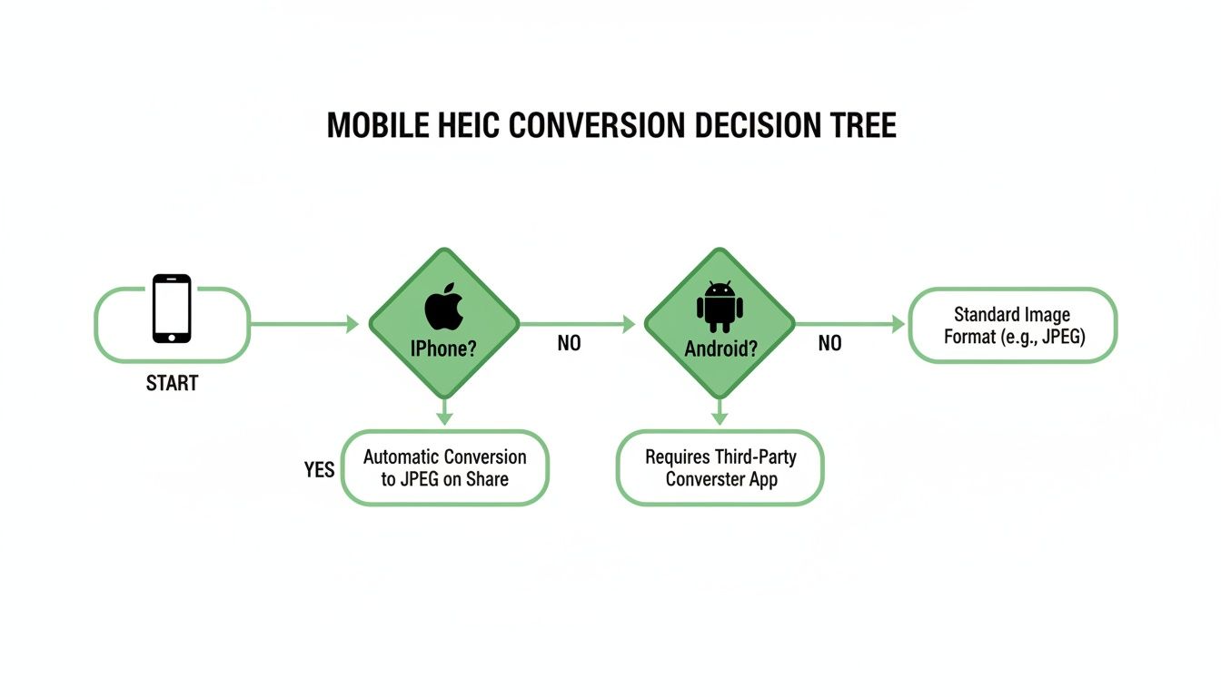 A mobile HEIC conversion decision tree showing steps for iPhone and Android users.