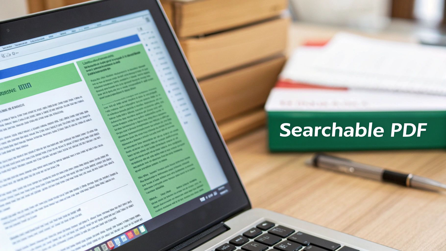 A laptop displays a digital document with green highlights, next to a 'Searchable PDF' binder and a pen.