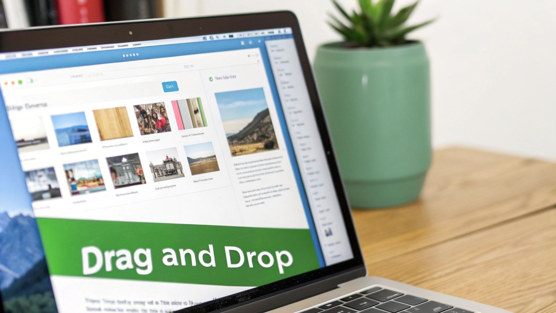 A laptop on a wooden desk displays a web application with image thumbnails and a 'Drag and Drop' feature.