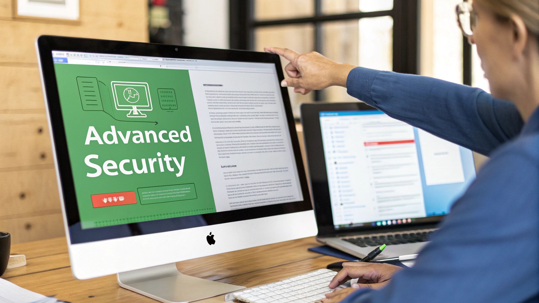 Two people collaborate on a desktop monitor displaying 'Advanced Security' information with a laptop.