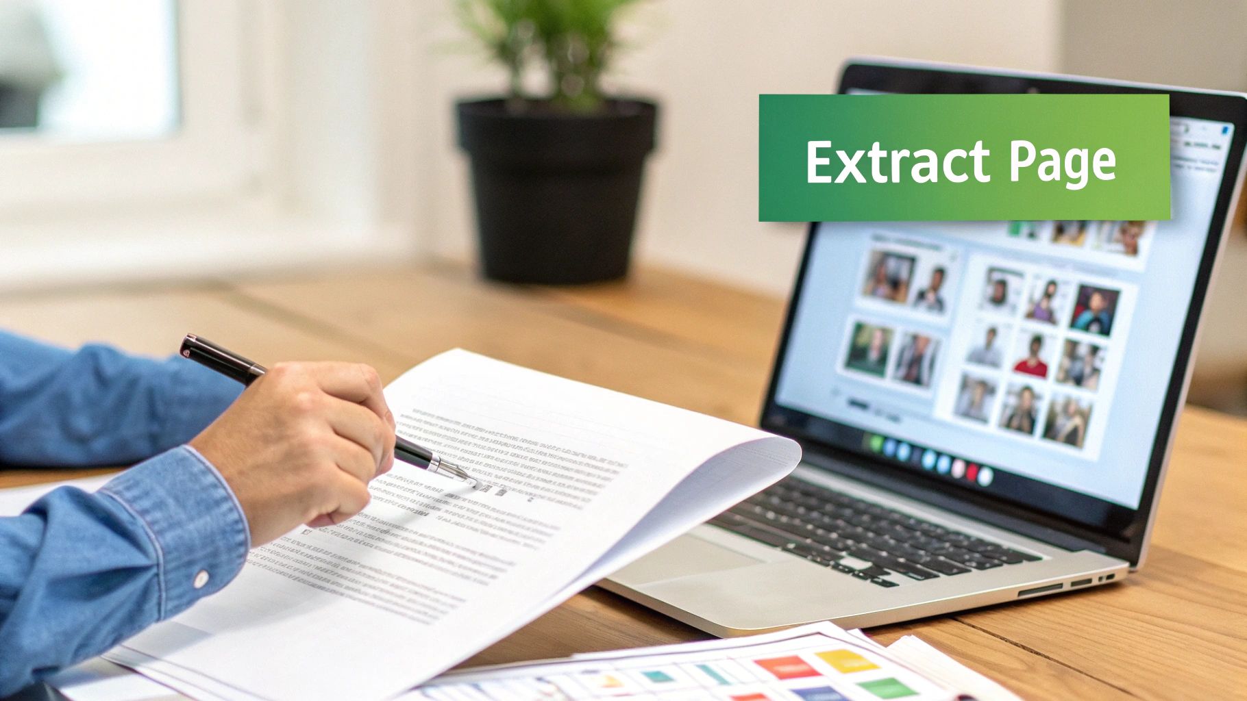Person reviewing documents with a pen, next to a laptop displaying 'Extract Page' over a gallery of images.
