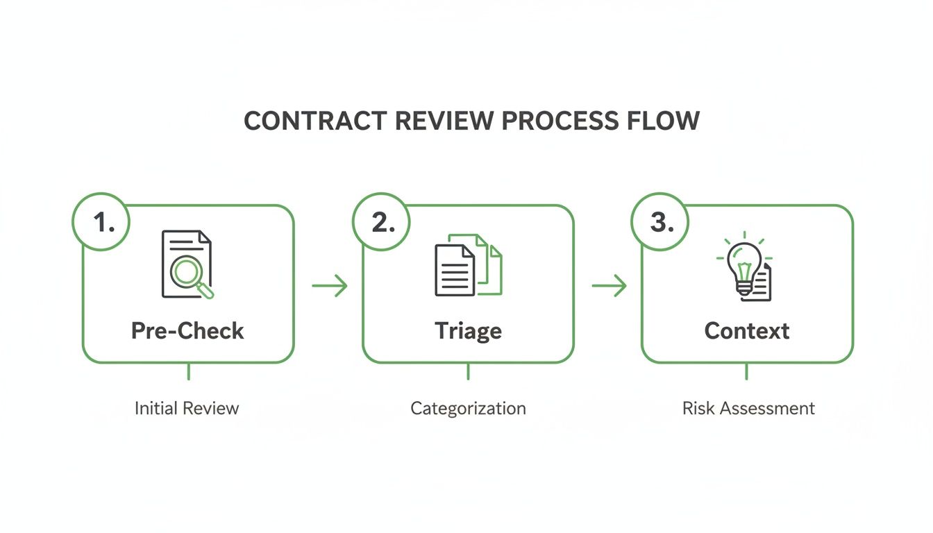 A contract review process flow with three steps: Pre-Check, Triage, and Context, showing initial review, categorization, and risk assessment.