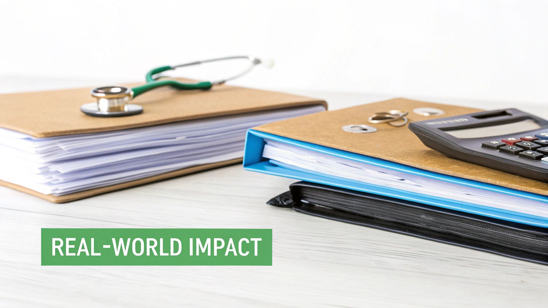 A stethoscope and calculator on stacks of medical and financial documents, highlighting real-world data.