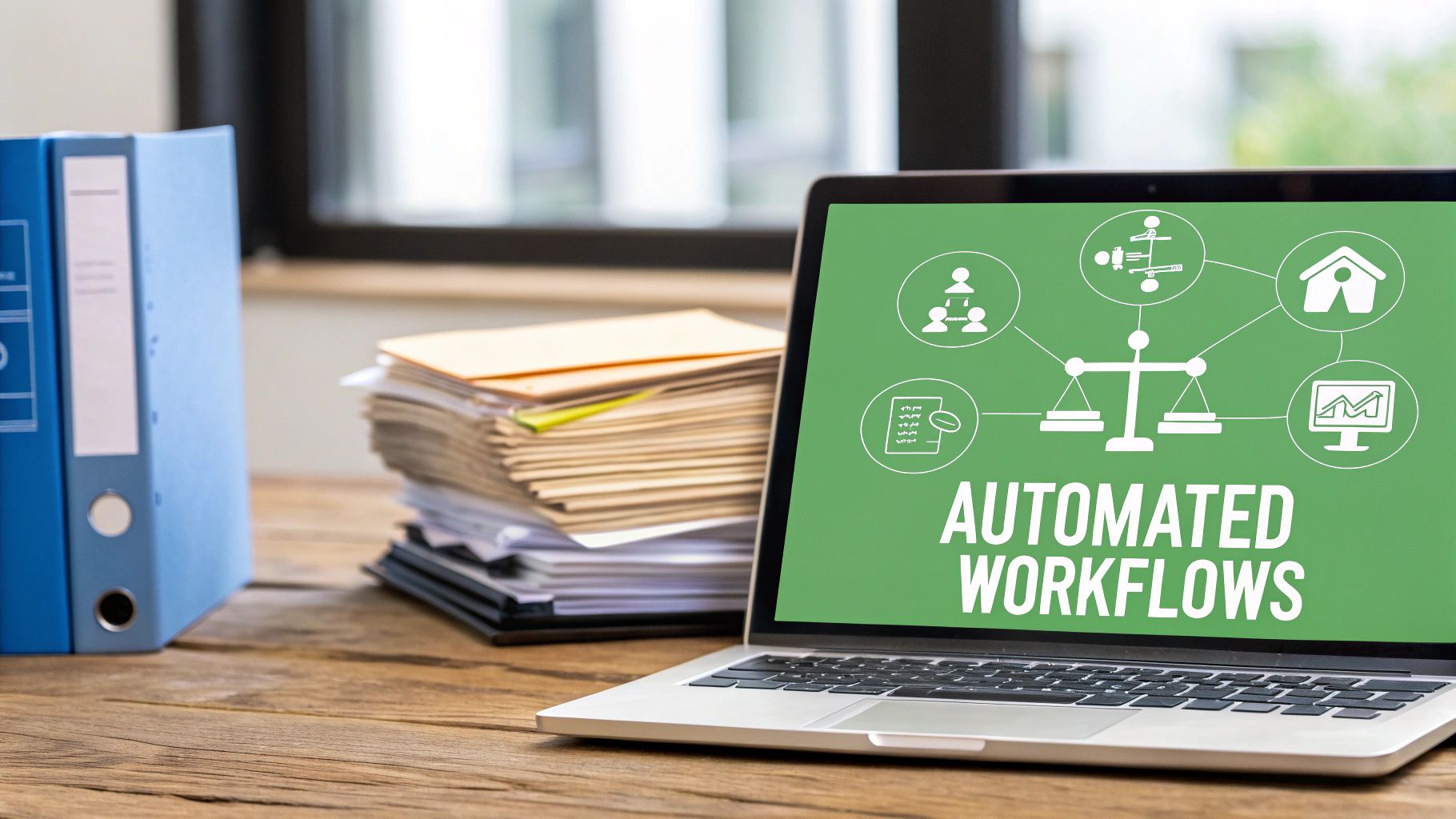 Laptop displaying automated workflows diagram with office files and binders on wooden desk