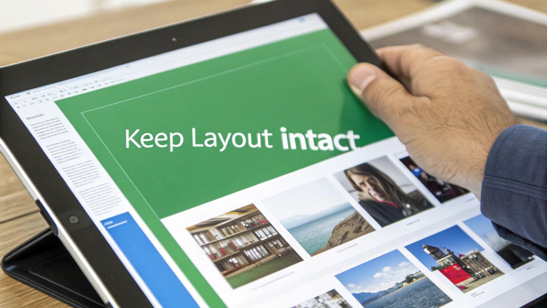 Hand interacting with a tablet displaying a presentation with text "Keep Layout intact" and images.