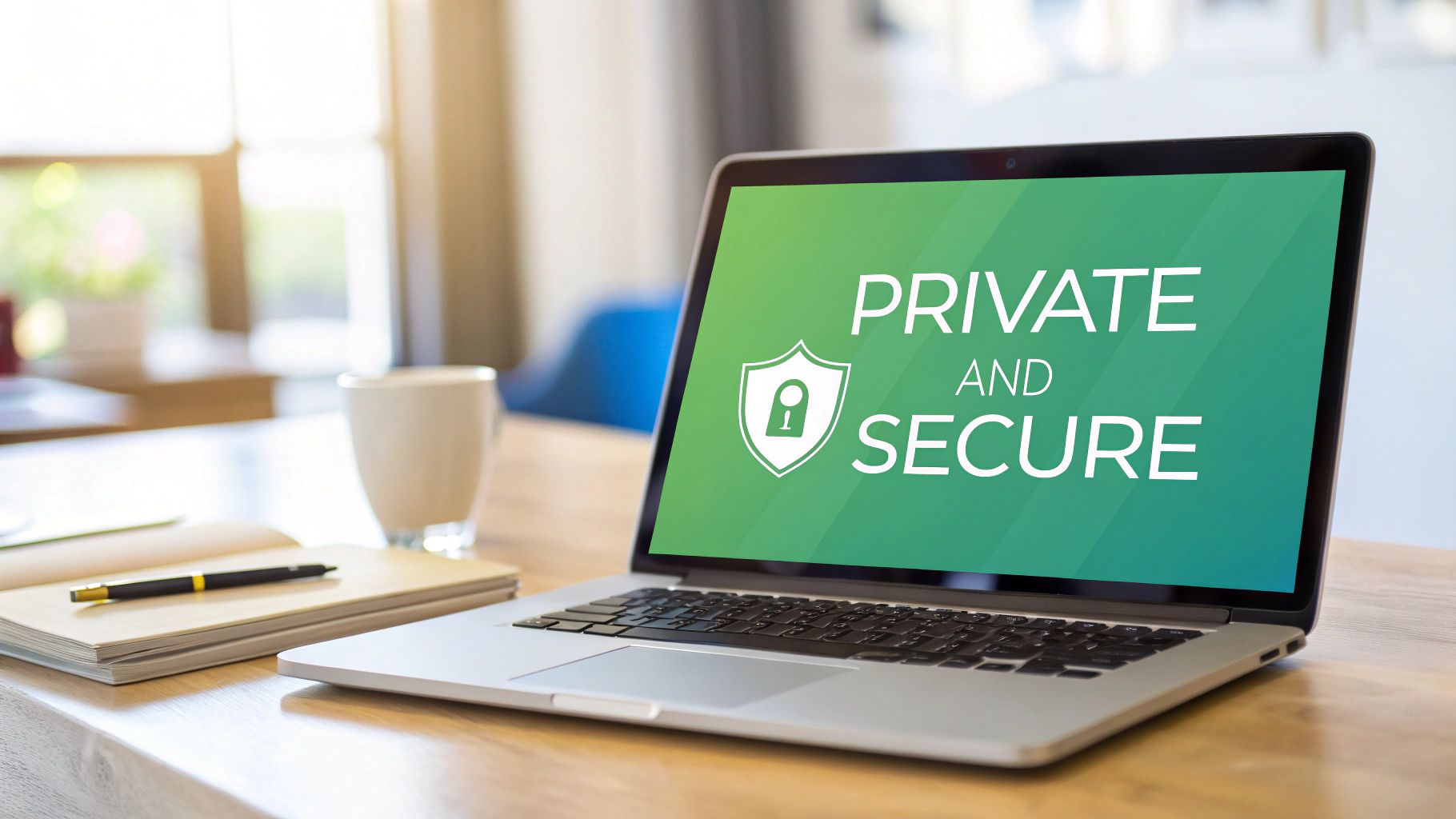 Computadora portátil que muestra el mensaje 'PRIVADO Y SEGURO' con un icono de escudo, en un escritorio con una taza de café y un cuaderno.