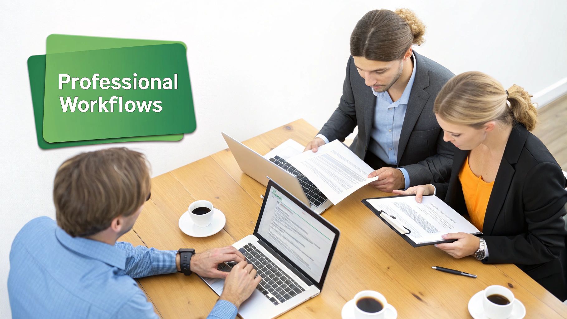 Three professionals collaborate around a table with laptops, documents, and coffee, discussing workflows.