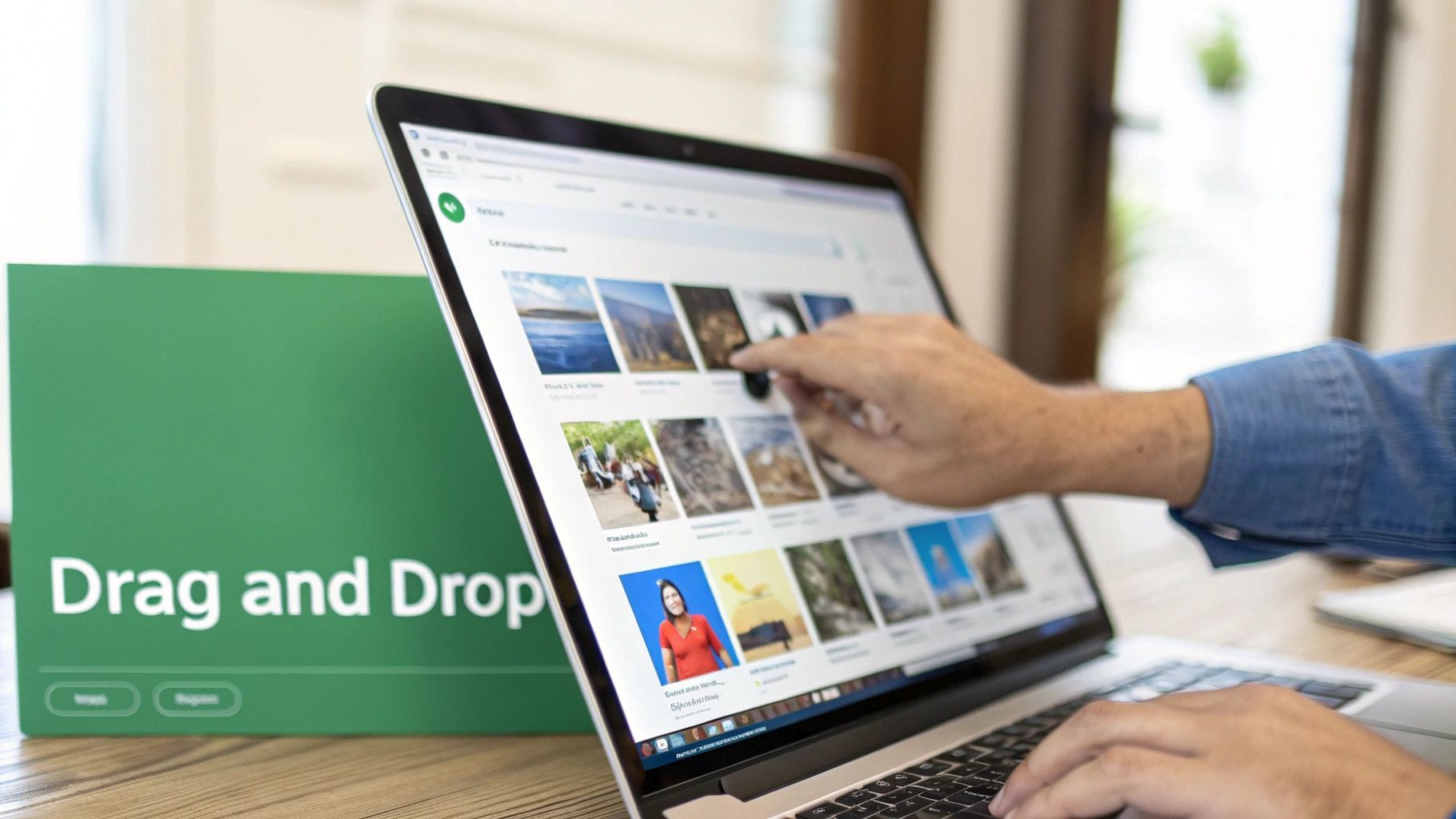 A person's hands interact with a laptop showing a grid of images, with a "Drag and Drop" sign nearby.