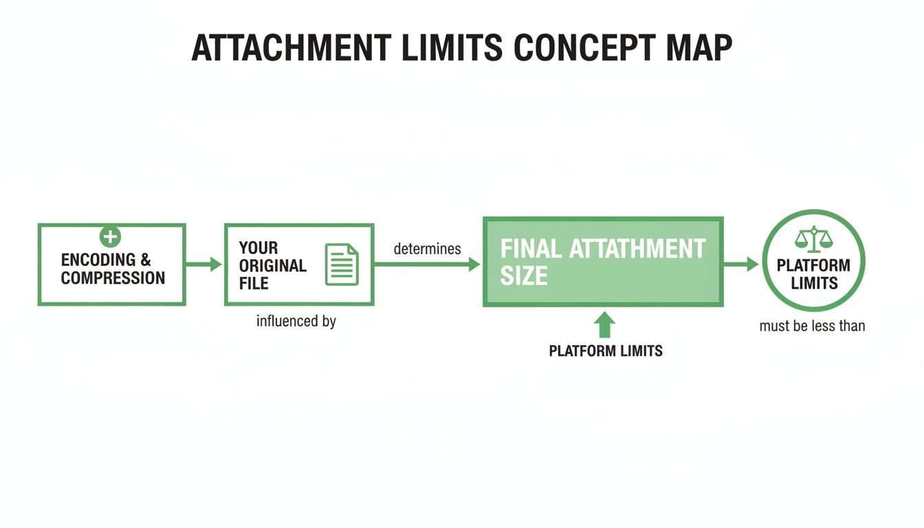 Concept map illustrating how original file, encoding, compression, and platform limits determine final attachment size.
