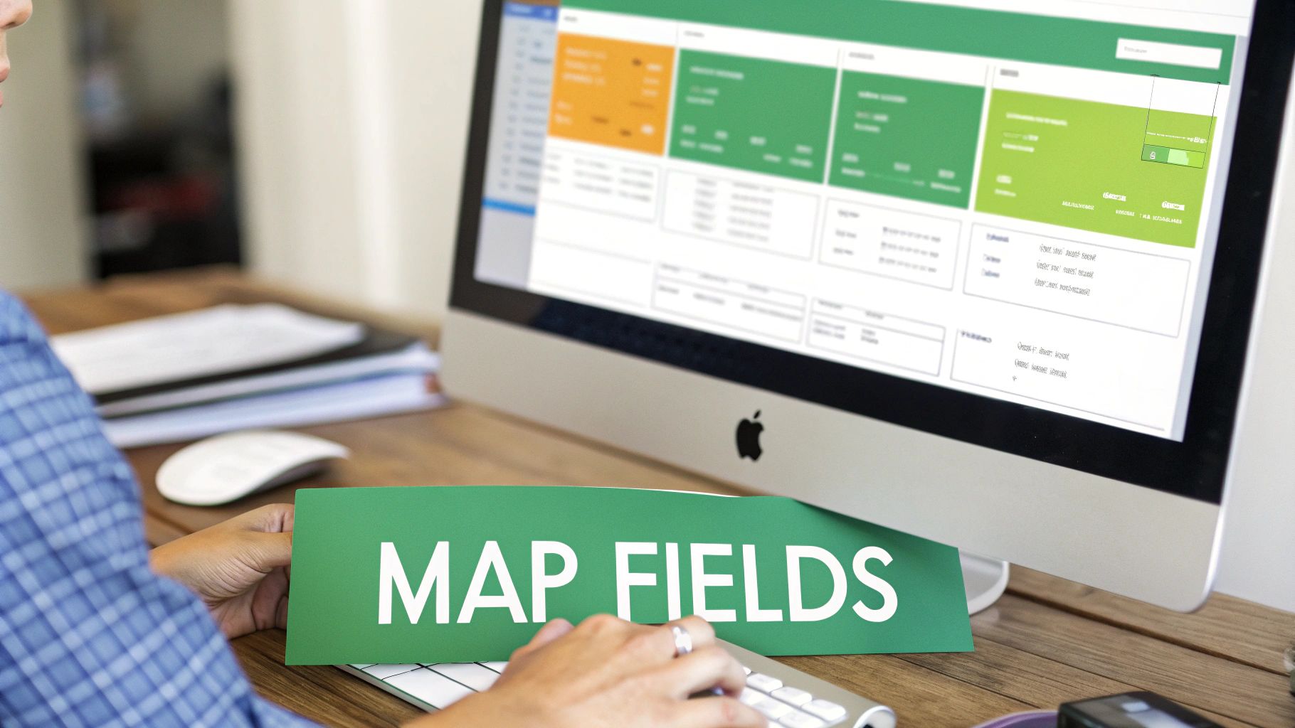 Person working on a computer with a 'MAP FIELDS' sign, displaying a data mapping interface.