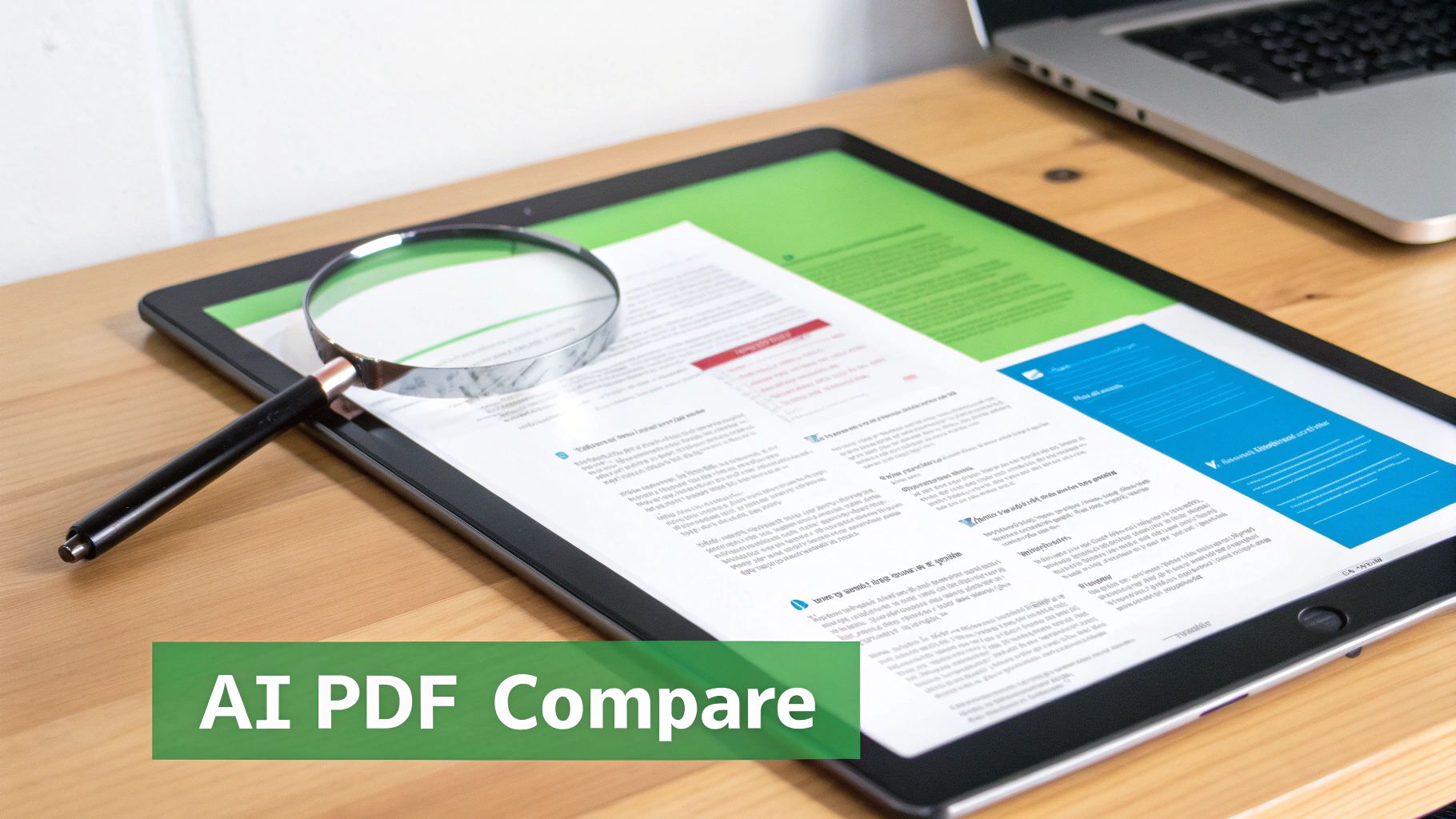 A magnifying glass on a document being compared on a tablet, with a laptop and text overlay 'AI PDF Compare'.