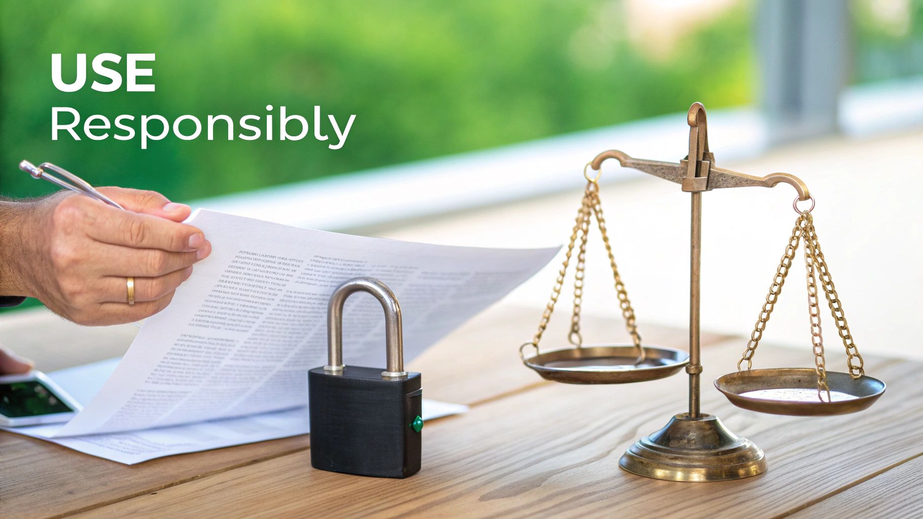 Una persona firmando un documento con un candado y una balanza de la justicia sobre una mesa, transmitiendo responsabilidad legal.