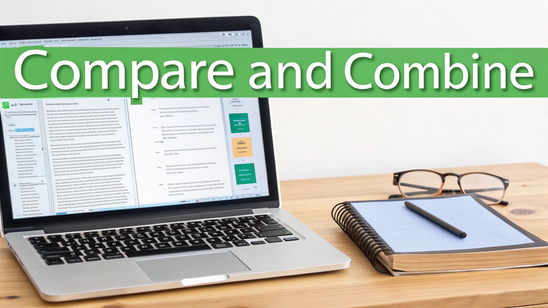 A laptop displaying documents with a prominent green banner reading 'Compare and Combine' on a wooden desk.