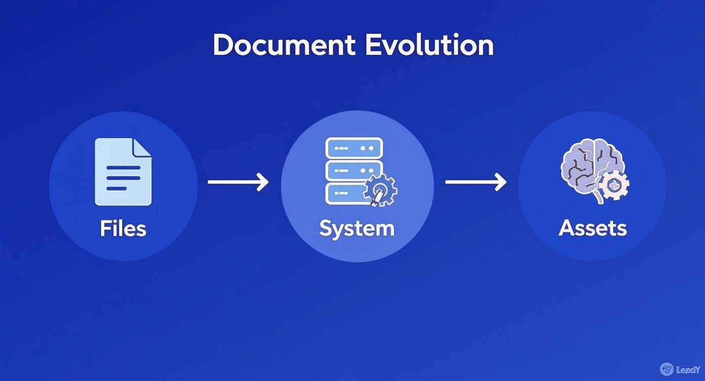 Document evolution diagram showing progression from files through system processing to intelligent assets with brain icon
