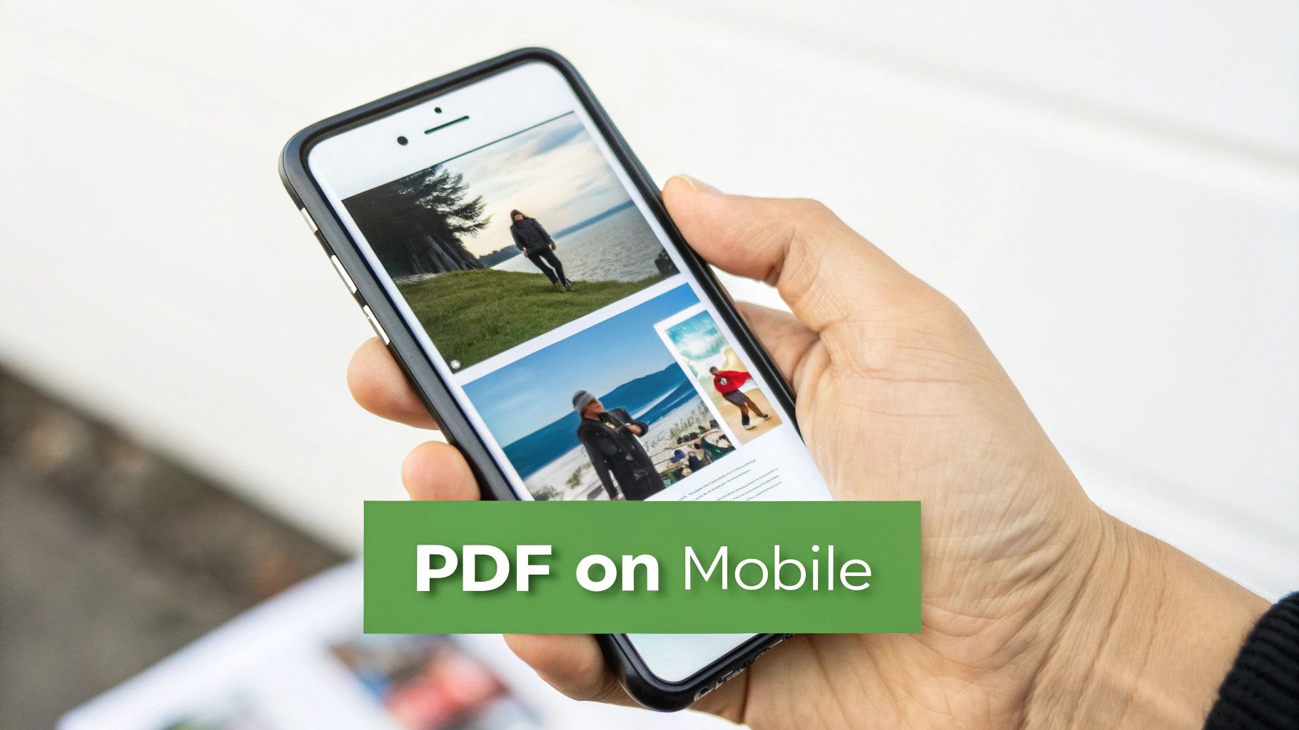 Una mano sostiene un teléfono inteligente que muestra imágenes y un banner verde con texto 'PDF en móvil'.